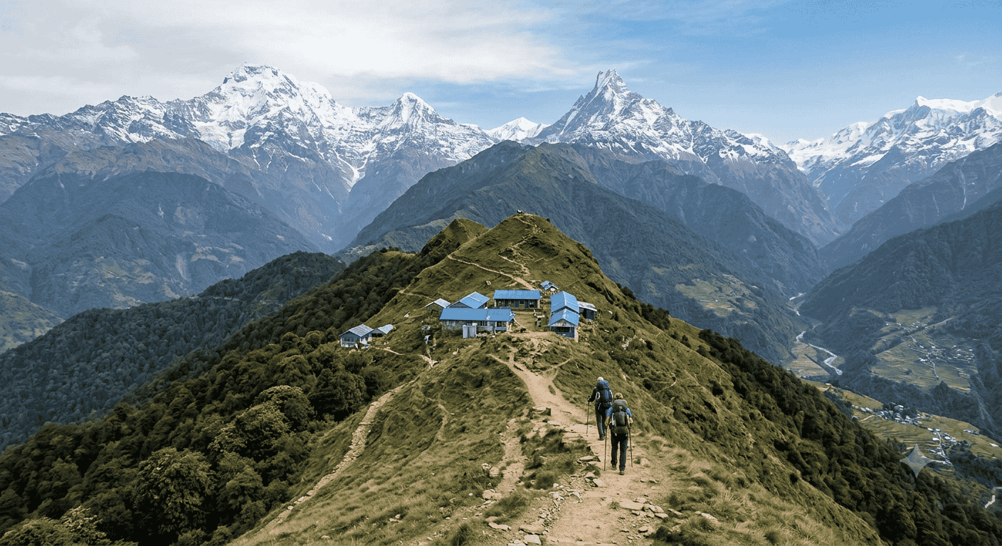 Trekkers approaching High Camp on the Mardi Himal Base Camp Trek with Machhapuchhre in the background