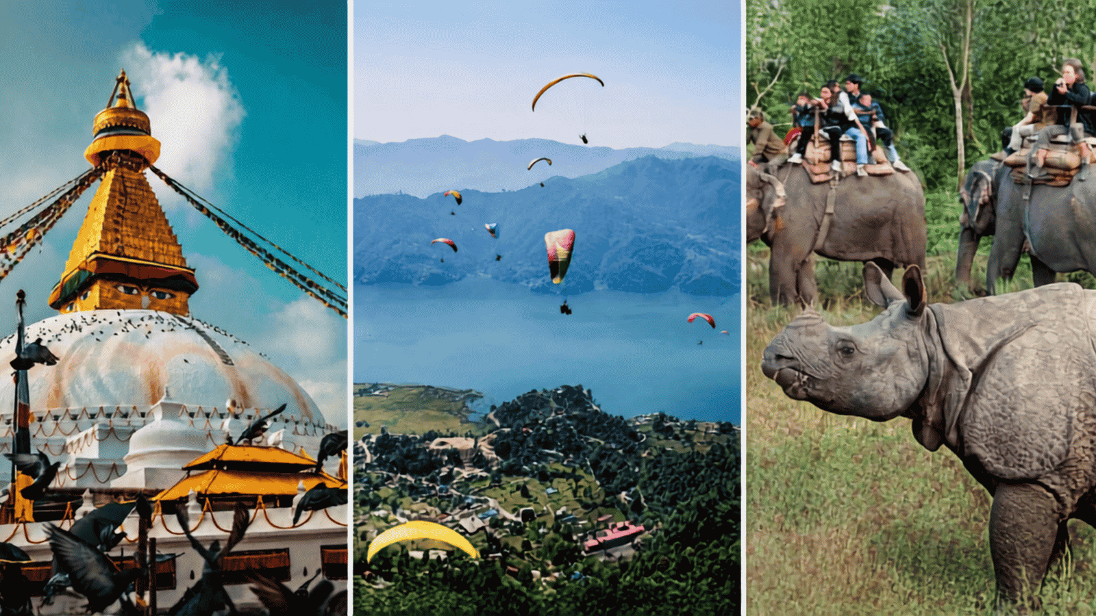 Nepal Tour Package collage showing Boudhanath Stupa, paragliding over Phewa Lake in Pokhara, and a rhinoceros in Chitwan. 