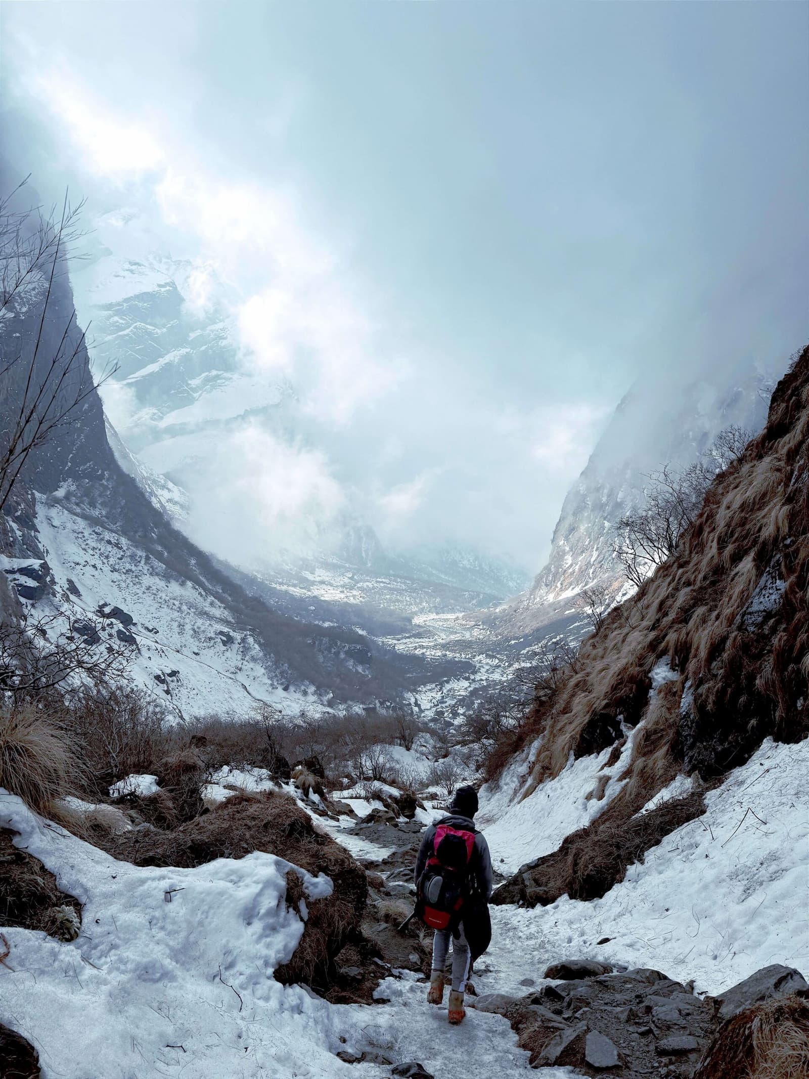 Snow-covered section of the Manaslu Circuit Trek trail near Larke Pass